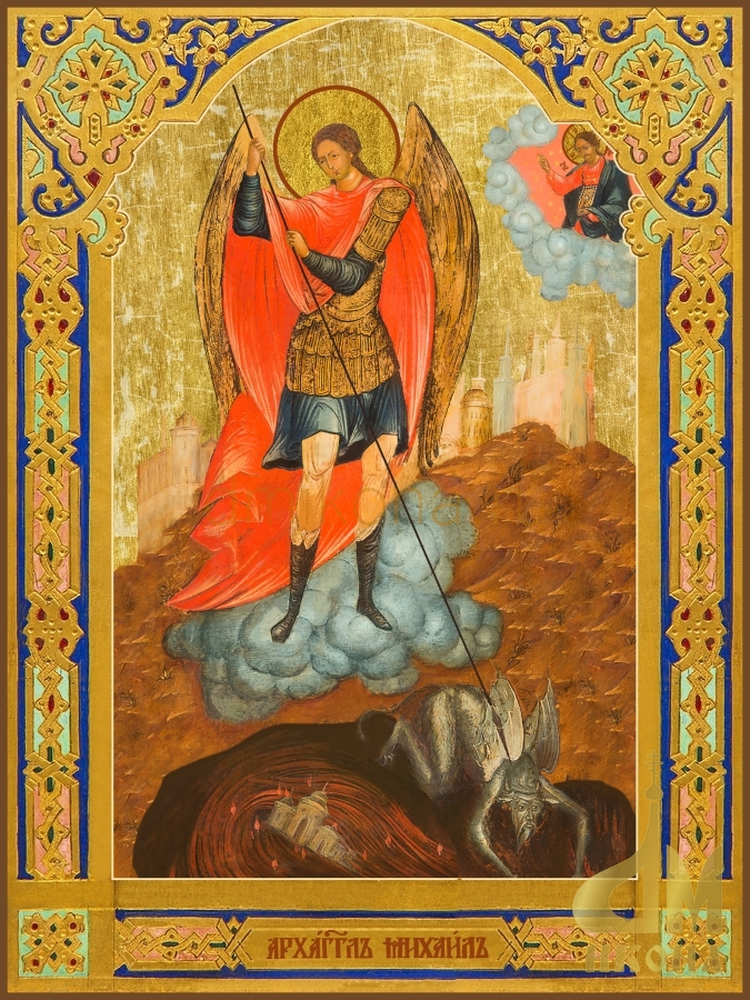 Старинная православная икона "Архистратиг Михаил, пронзающий дьявола копьём" - купить оптом