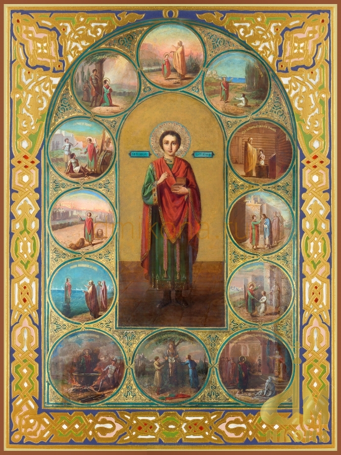 Современная православная икона "Пантелеимон с житием" - купить оптом или в розницу.
