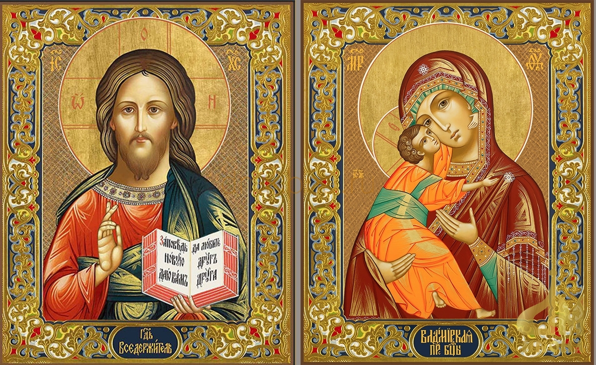 Православная венчальная пара: Владимирская икона Божией Матери и Господь Вседержитель - купить икону или оптом от производителя.